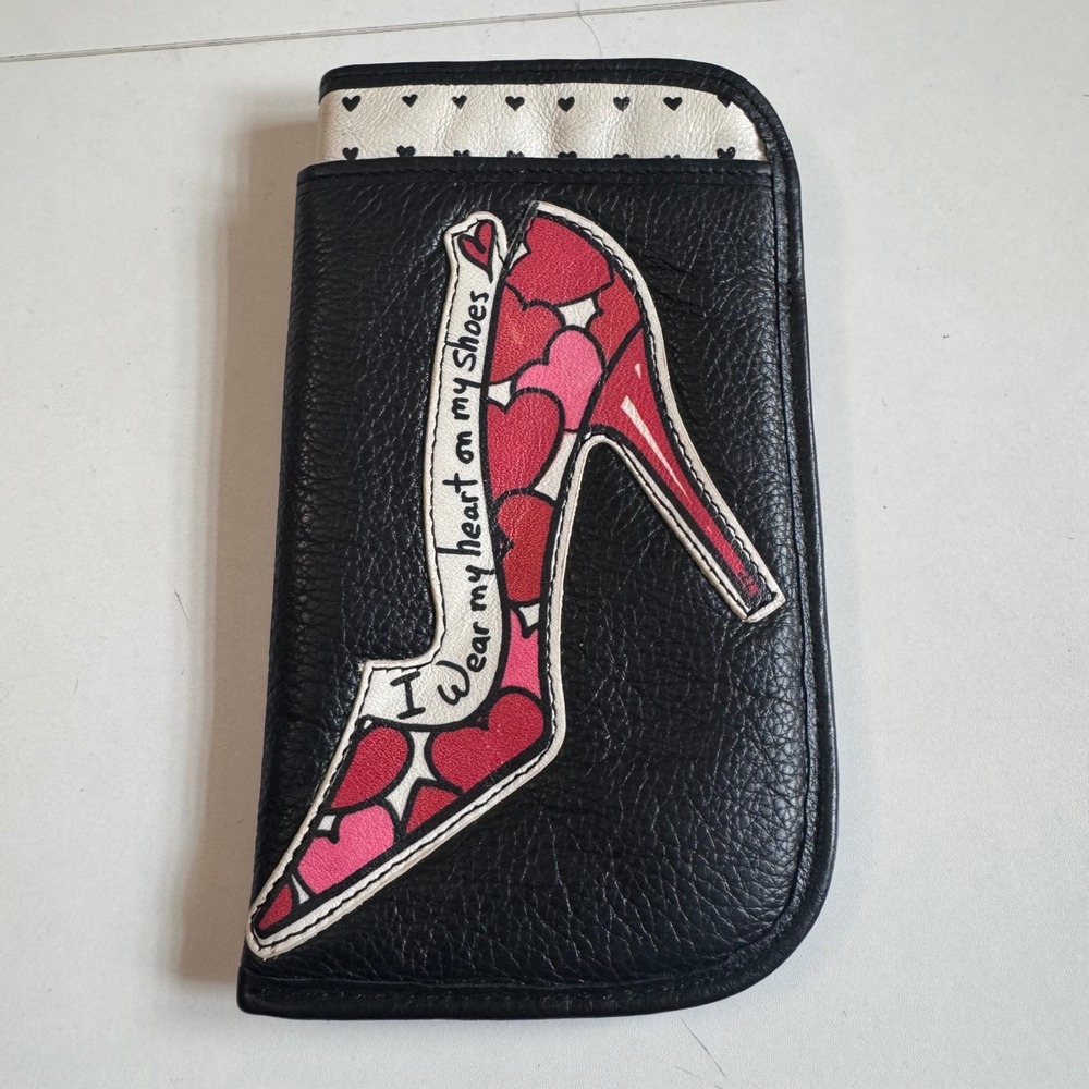 Brighton Black Leather Eyeglass Case Heart High Heel Pouch 2 Compartments